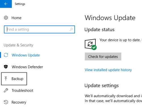 The Windows Update window will appear, select Backup