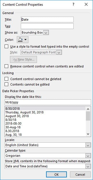 Change the format in the Content Control Properties box