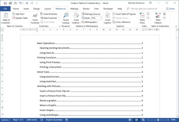 Create a table of contents in Word