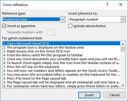Create a cross-reference in Word