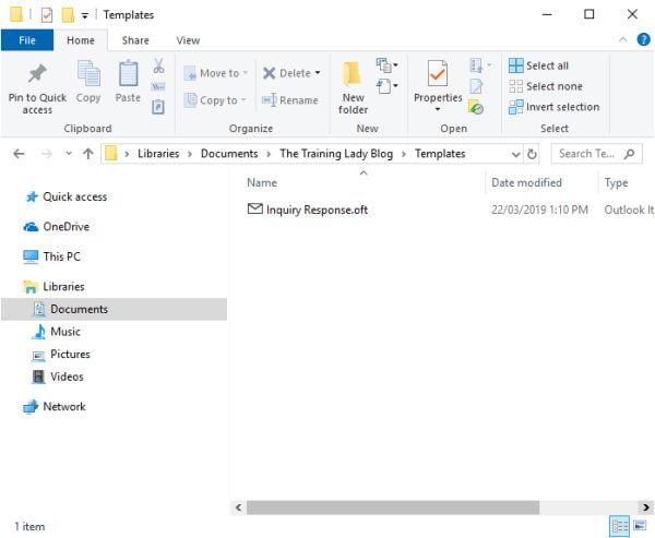 Check if the template is visible in File Explorer
