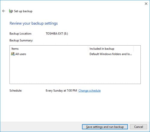 Review the backup settings and click Save settings and run backup