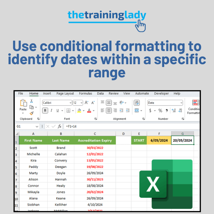 Use conditional formatting to identify dates within a specific range