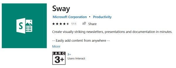 Microsoft Sway will be displayed in the Microsoft Store
