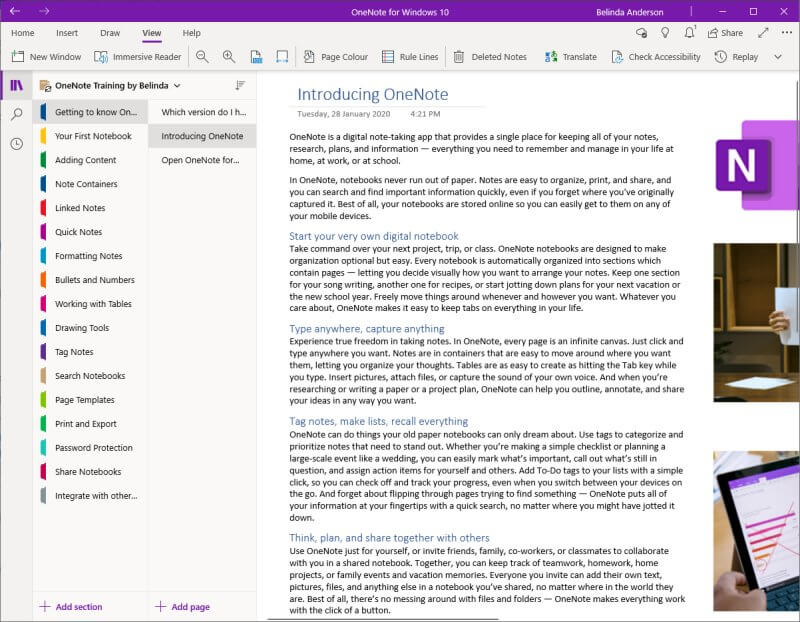 Your OneNote Notebook displayed in OneNote for Windows 10