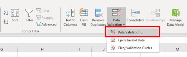 Choose Data Validation from the Data tab
