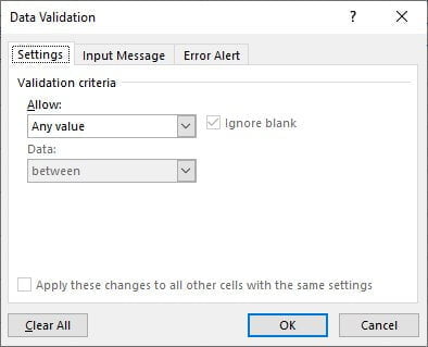 The Data Validation window will appear