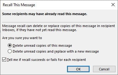 The Recall this message dialog box will open