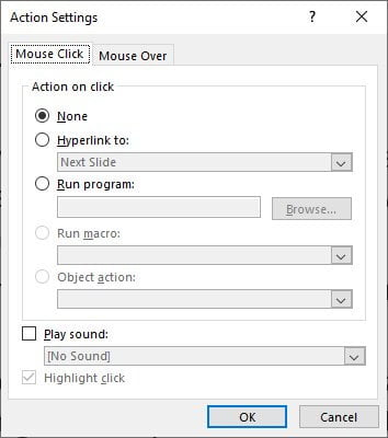 The Action Settings dialog box will appear.