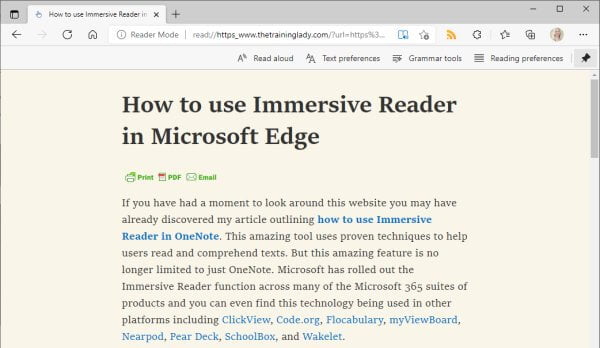The immersive reader toolbar will appear.
