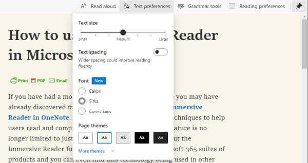 Click the text preferences button to change text size and spacing.