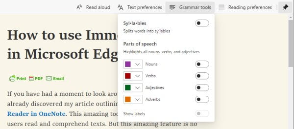 Click the grammar tools button to split words into syllables or highlight nouns and verbs.