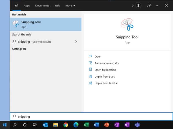 The Snipping Tool App in Windows 10.