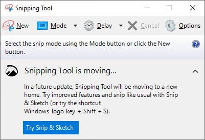 The Snipping tool will be displayed.