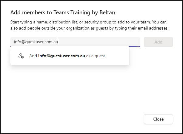 Type in the guest users email address to add them to the team.
