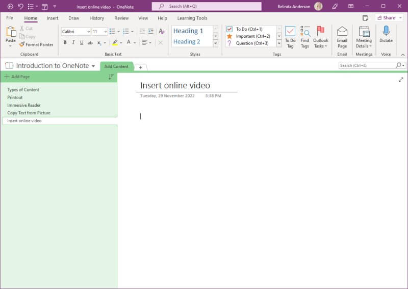 Create a new page for your online video in OneNote