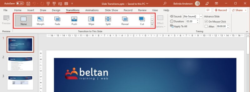 Select the Transition tab from the Ribbon in PowerPoint.