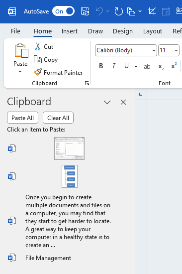 You will see multiple objects displayed in the clipboard pane.