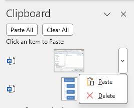 You can Paste or Delete each object within the clipboard.