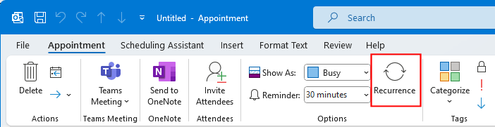 Click the Recurrence button within the appointment window.